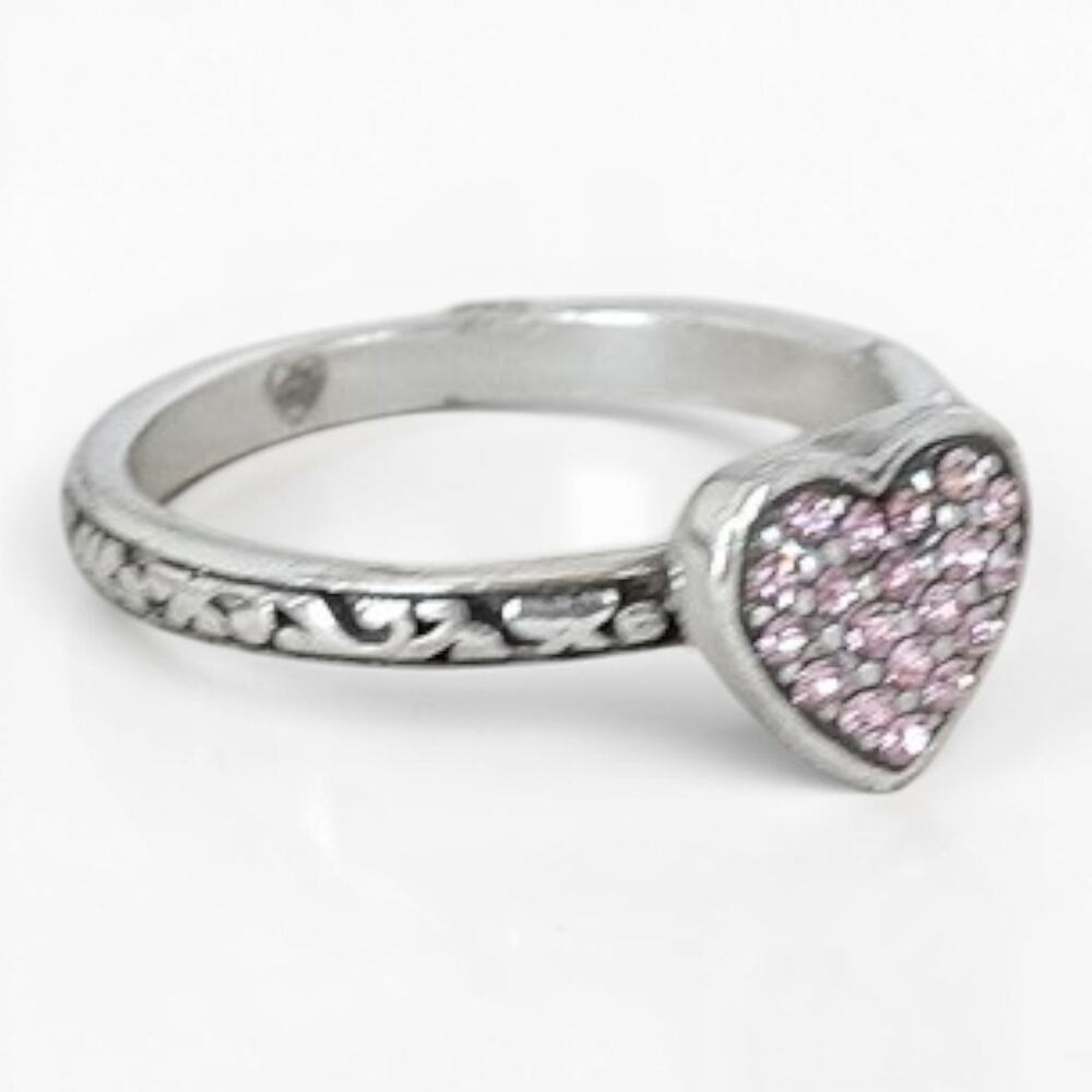 Brighton Rock Romance Filigree Ring Pink Crystal Pave Heart Silver Retired SZ 9 - Picture 3 of 5